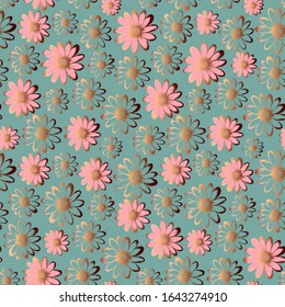 Decorative hand drawn seamless pattern vector of blue and pink flowers to Bronze stroke. Abstract floral doodle illustration for design greeting card, invitation, wallpaper, wrapping paper, packaging.