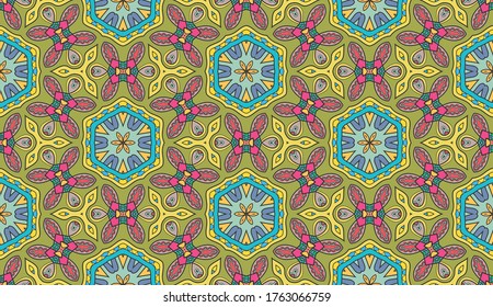 Decorative hand drawn seamless pattern. Abstract colorful floral geometric background, doodle artistic pattern. Tribal ethnic arabic, indian ornament. Textile fabric or paper print