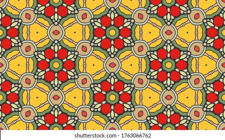 Dekoratives, handgezeichnetes, nahtloses Muster. Abstrakter bunter, geometrischer floraler Hintergrund, doodles künstlerisches Muster. Ethnische arabische Stämme, indische Ornamente. Stoffdruck oder Papierdruck