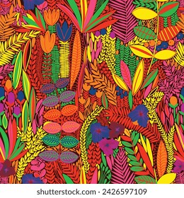 Decorative hand drawn seamless pattern. Abstract colorful floral geometric background, doodle artistic pattern. Tribal ethnic African wax print Dutch Ankara ornament. Textile fabric or paper print