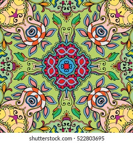 Decorative hand drawn seamless pattern. Colorful abstract stylized floral doodle background. Tribal ethnic ornate decoration. Arabic, indian, turkish ornament. Vector geometric repeating texture