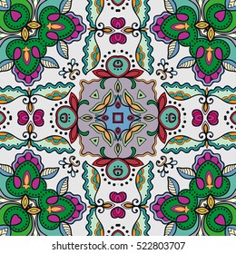 Decorative hand drawn seamless pattern. Colorful abstract stylized floral doodle background. Tribal ethnic ornate decoration. Arabic, indian, turkish ornament. Vector geometric repeating texture