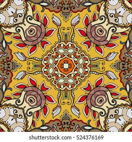 Decorative hand drawn seamless pattern. Colorful abstract stylized floral doodle background. Tribal ethnic ornate decoration. Arabic, indian, turkish ornament. Vector geometric repeating texture