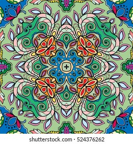Decorative hand drawn seamless pattern. Colorful abstract stylized floral doodle background. Tribal ethnic ornate decoration. Arabic, indian, turkish ornament. Vector geometric repeating texture