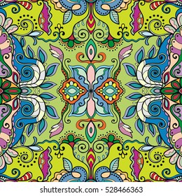 Decorative hand drawn seamless pattern. Colorful abstract stylized floral doodle background. Tribal ethnic ornate decoration. Arabic, indian, turkish ornament. Vector geometric repeating texture