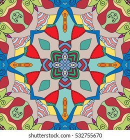 Decorative hand drawn seamless pattern. Colorful abstract stylized floral doodle background. Tribal ethnic ornate decoration. Arabic, indian, turkish ornament. Vector geometric repeating texture