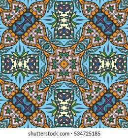 Decorative hand drawn seamless pattern. Colorful abstract stylized floral doodle background. Tribal ethnic ornate decoration. Arabic, indian, turkish ornament. Vector geometric repeating texture