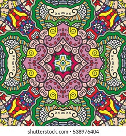 Decorative hand drawn seamless pattern. Colorful abstract stylized floral doodle background. Tribal ethnic ornate decoration. Arabic, indian, turkish ornament. Vector geometric repeating texture