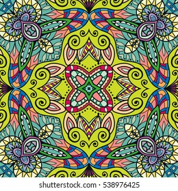 Decorative hand drawn seamless pattern. Colorful abstract stylized floral doodle background. Tribal ethnic ornate decoration. Arabic, indian, turkish ornament. Vector geometric repeating texture