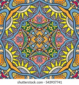 Decorative hand drawn seamless pattern. Colorful abstract stylized floral doodle background. Tribal ethnic ornate decoration. Arabic, indian, turkish ornament. Vector geometric repeating texture