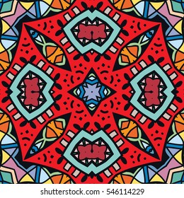 Decorative hand drawn seamless pattern. Colorful abstract stylized floral doodle background. Tribal ethnic ornate decoration. Arabic, indian, turkish ornament. Vector geometric repeating texture