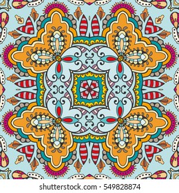 Decorative hand drawn seamless pattern. Colorful abstract stylized floral doodle background. Tribal ethnic ornate decoration. Arabic, indian, turkish ornament. Vector geometric repeating texture