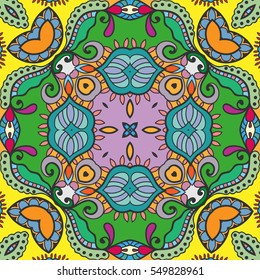 Decorative hand drawn seamless pattern. Colorful abstract stylized floral doodle background. Tribal ethnic ornate decoration. Arabic, indian, turkish ornament. Vector geometric repeating texture