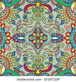 Decorative hand drawn seamless pattern. Colorful abstract stylized floral doodle background. Tribal ethnic ornate decoration. Arabic, indian, turkish ornament. Vector geometric repeating texture