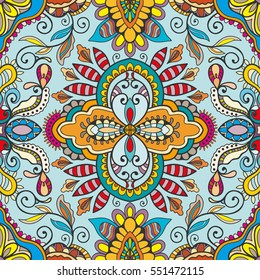 Decorative hand drawn seamless pattern. Colorful abstract stylized floral doodle background. Tribal ethnic ornate decoration. Arabic, indian, turkish ornament. Vector geometric repeating texture