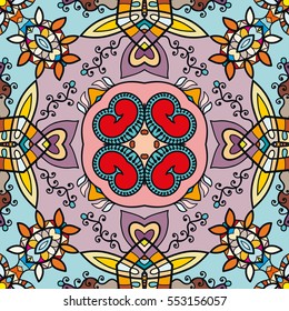 Decorative hand drawn seamless pattern. Colorful abstract art, stylized floral doodle background. Tribal ethnic ornate decoration. Arabic, indian, turkish ornament. Vector geometric repeating texture