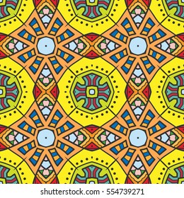 Decorative hand drawn seamless pattern. Colorful abstract art, stylized floral doodle background. Tribal ethnic ornate decoration. Arabic, indian, turkish ornament. Vector geometric repeating texture