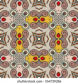 Decorative hand drawn seamless pattern. Colorful abstract art, stylized floral doodle background. Tribal ethnic ornate decoration. Arabic, indian, turkish ornament. Vector geometric repeating texture