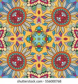 Decorative hand drawn seamless pattern. Colorful abstract art, stylized floral doodle background. Tribal ethnic ornate decoration. Arabic, indian, turkish ornament. Vector geometric repeating texture