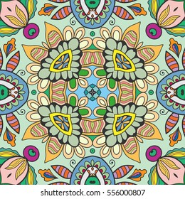 Decorative hand drawn seamless pattern. Colorful abstract art, stylized floral doodle background. Tribal ethnic ornate decoration. Arabic, indian, turkish ornament. Vector geometric repeating texture