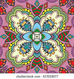 Decorative hand drawn seamless pattern. Colorful abstract art, stylized floral doodle background. Tribal ethnic ornate decoration. Arabic, indian, turkish ornament. Vector geometric repeating texture