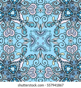 Decorative hand drawn seamless pattern. Colorful abstract art, stylized floral doodle background. Tribal ethnic ornate decoration. Arabic, indian, turkish ornament. Vector geometric repeating texture