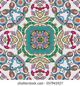 Decorative hand drawn seamless pattern. Colorful abstract art, stylized floral doodle background. Tribal ethnic ornate decoration. Arabic, indian, turkish ornament. Vector geometric repeating texture