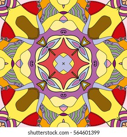 Decorative hand drawn seamless pattern. Colorful abstract art, stylized floral doodle background. Tribal ethnic ornate decoration. Arabic, indian, turkish ornament. Vector geometric repeating texture