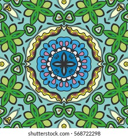 Decorative hand drawn seamless pattern. Colorful abstract art, stylized floral doodle background. Tribal ethnic ornate decoration. Arabic, indian, turkish ornament. Vector geometric repeating texture