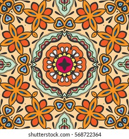 Decorative hand drawn seamless pattern. Colorful abstract art, stylized floral doodle background. Tribal ethnic ornate decoration. Arabic, indian, turkish ornament. Vector geometric repeating texture