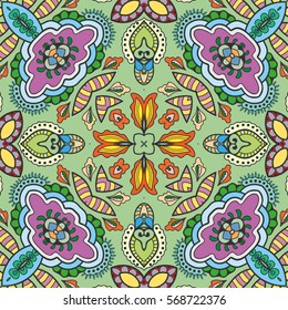 Decorative hand drawn seamless pattern. Colorful abstract art, stylized floral doodle background. Tribal ethnic ornate decoration. Arabic, indian, turkish ornament. Vector geometric repeating texture