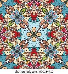 Decorative hand drawn seamless pattern. Colorful abstract art, stylized floral doodle background. Tribal ethnic ornate decoration. Arabic, indian, turkish ornament. Vector geometric repeating texture