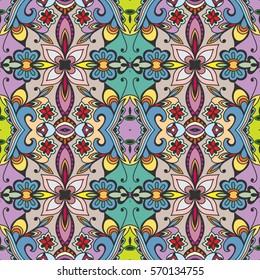 Decorative hand drawn seamless pattern. Colorful abstract art, stylized floral doodle background. Tribal ethnic ornate decoration. Arabic, indian, turkish ornament. Vector geometric repeating texture