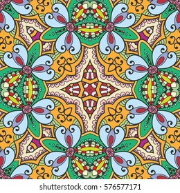 Decorative hand drawn seamless pattern. Colorful abstract art, stylized floral doodle background. Tribal ethnic ornate decoration. Arabic, indian, turkish ornament. Vector geometric repeating texture
