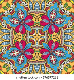 Decorative hand drawn seamless pattern. Colorful abstract art, stylized floral doodle background. Tribal ethnic ornate decoration. Arabic, indian, turkish ornament. Vector geometric repeating texture