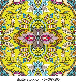 Decorative hand drawn seamless pattern. Colorful abstract art, stylized floral doodle background. Tribal ethnic ornate decoration. Arabic, indian, turkish ornament. Vector geometric repeating texture