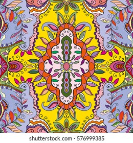 Decorative hand drawn seamless pattern. Colorful abstract art, stylized floral doodle background. Tribal ethnic ornate decoration. Arabic, indian, turkish ornament. Vector geometric repeating texture