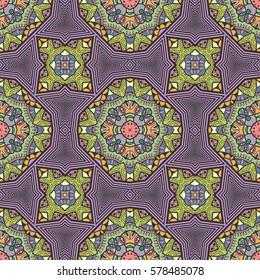 Decorative hand drawn seamless pattern. Colorful doodle art illustration. Tribal ethnic ornate decoration. Geometric repeating texture. Dynamic lines abstract pattern. Optical illusion background