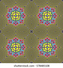 Decorative hand drawn seamless pattern. Colorful doodle art illustration. Tribal ethnic ornate decoration. Geometric repeating texture. Dynamic lines abstract pattern. Optical illusion background