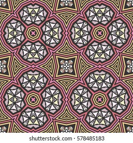 Decorative hand drawn seamless pattern. Colorful abstract art, stylized floral doodle background. Tribal ethnic ornate decoration. Arabic, indian, turkish ornament. Vector geometric repeating texture