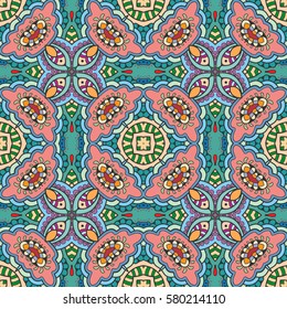 Decorative hand drawn seamless pattern. Colorful abstract art, stylized floral doodle background. Tribal ethnic ornate decoration. Arabic, indian, turkish ornament. Vector geometric repeating texture