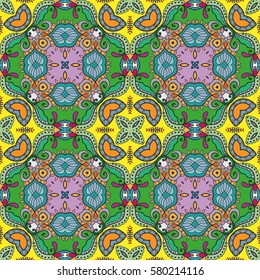 Decorative hand drawn seamless pattern. Colorful abstract art, stylized floral doodle background. Tribal ethnic ornate decoration. Arabic, indian, turkish ornament. Vector geometric repeating texture