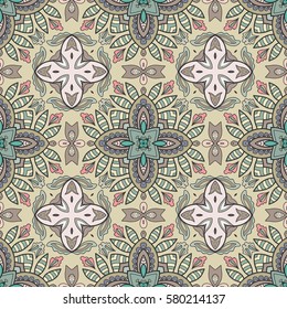 Decorative hand drawn seamless pattern. Colorful abstract art, stylized floral doodle background. Tribal ethnic ornate decoration. Arabic, indian, turkish ornament. Vector geometric repeating texture