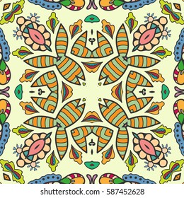 Decorative hand drawn seamless pattern. Colorful abstract art, stylized floral doodle background. Tribal ethnic ornate decoration. Arabic, indian, turkish ornament. Vector geometric repeating texture