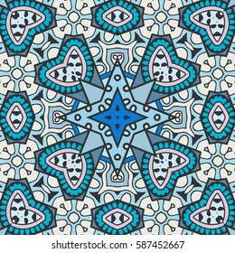 Decorative hand drawn seamless pattern. Colorful abstract art, stylized floral doodle background. Tribal ethnic ornate decoration. Arabic, indian, turkish ornament. Vector geometric repeating texture