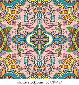 Decorative hand drawn seamless pattern. Colorful abstract art, stylized floral doodle background. Tribal ethnic ornate decoration. Arabic, indian, turkish ornament. Vector geometric repeating texture