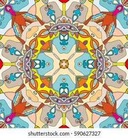 Decorative hand drawn seamless pattern. Colorful abstract art, stylized floral doodle background. Tribal ethnic ornate decoration. Arabic, indian, turkish ornament. Vector geometric repeating texture