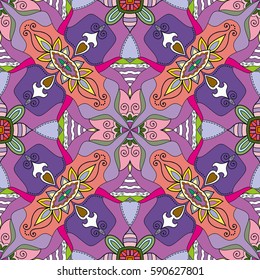 Decorative hand drawn seamless pattern. Colorful abstract art, stylized floral doodle background. Tribal ethnic ornate decoration. Arabic, indian, turkish ornament. Vector geometric repeating texture