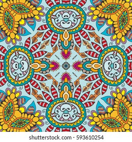 Decorative hand drawn seamless pattern. Colorful abstract art, stylized floral doodle background. Tribal ethnic ornate decoration. Arabic, indian, turkish ornament. Vector geometric repeating texture