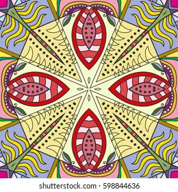 Decorative hand drawn seamless pattern. Colorful abstract art, stylized floral doodle background. Tribal ethnic ornate decoration. Arabic, indian, turkish ornament. Vector geometric repeating texture